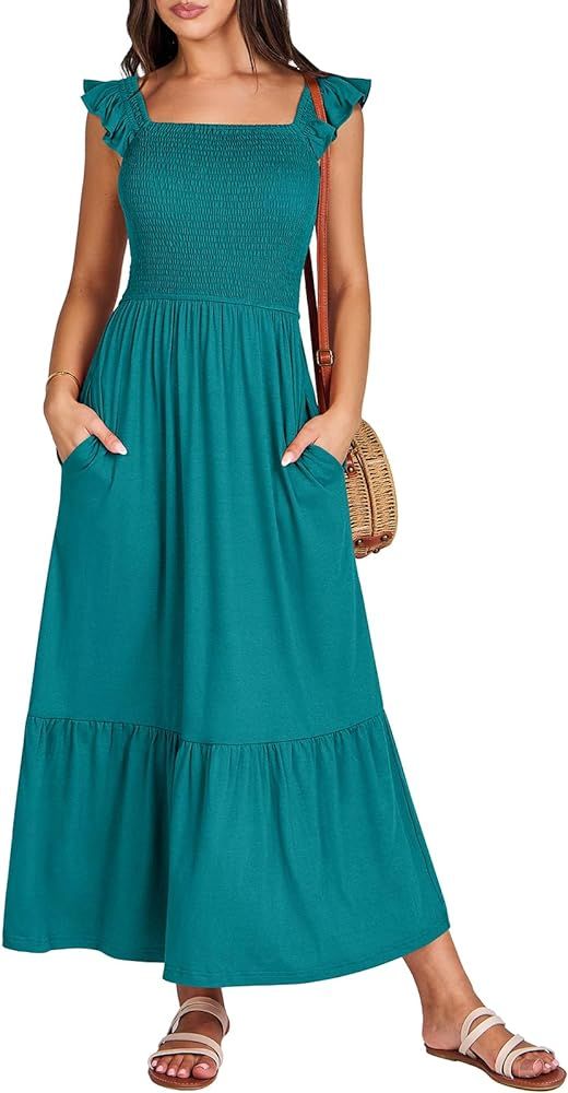 ANRABESS Women’s Summer Maxi Dress Square Neck Ruffle Sleeveless Smocked Tiered Casual Beach Su... | Amazon (US)