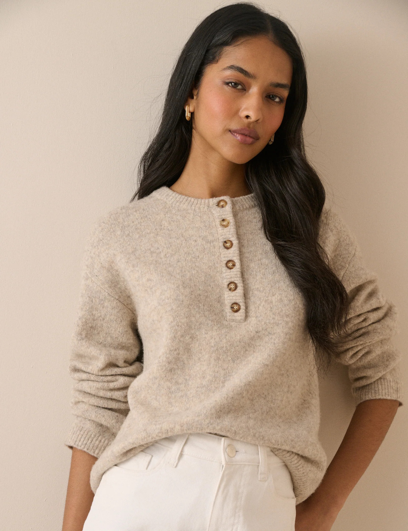 Cream Relaxed Fit Henley Jumper | Nobody's Child