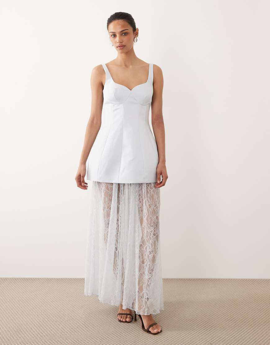 Six Stories satin sweetheart neck structured lace skirt maxi dress in light blue | ASOS (Global)