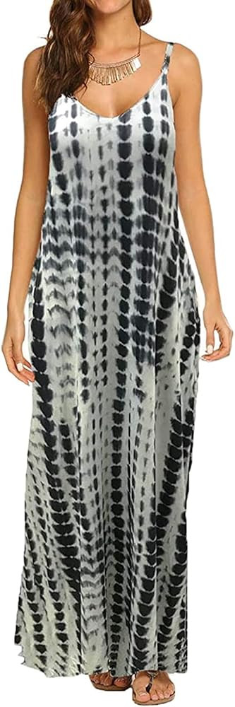 OURS Women's Summer Casual Floral Printed Bohemian Spaghetti Strap Floral Long Maxi Dress with Pocke | Amazon (US)