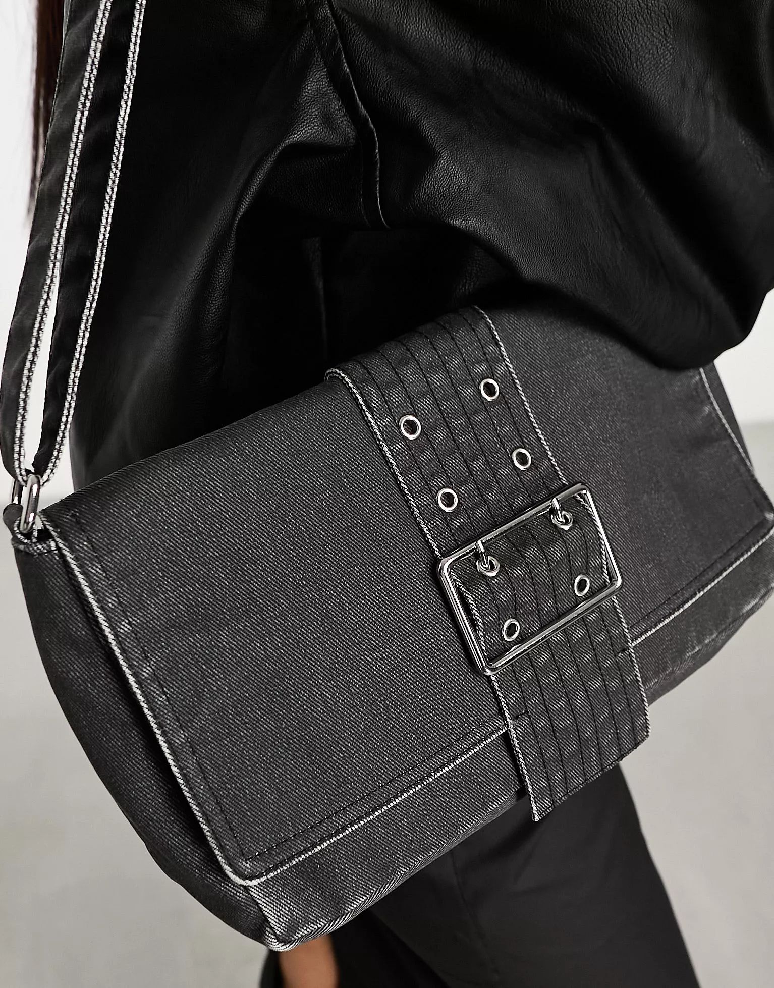 Weekday Kylie denim shoulder bag with buckle in black | ASOS (Global)