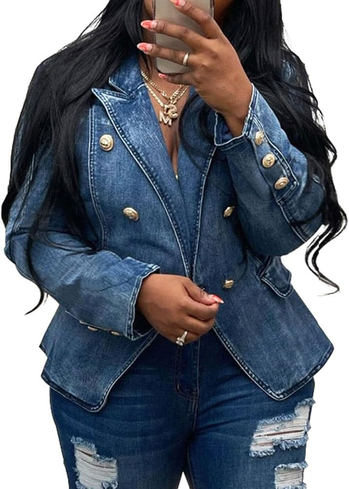 Angsuttc Blazers for Women Business Casual Denim Long Sleeves Lapel Double Breasted Jacket | Amazon (US)