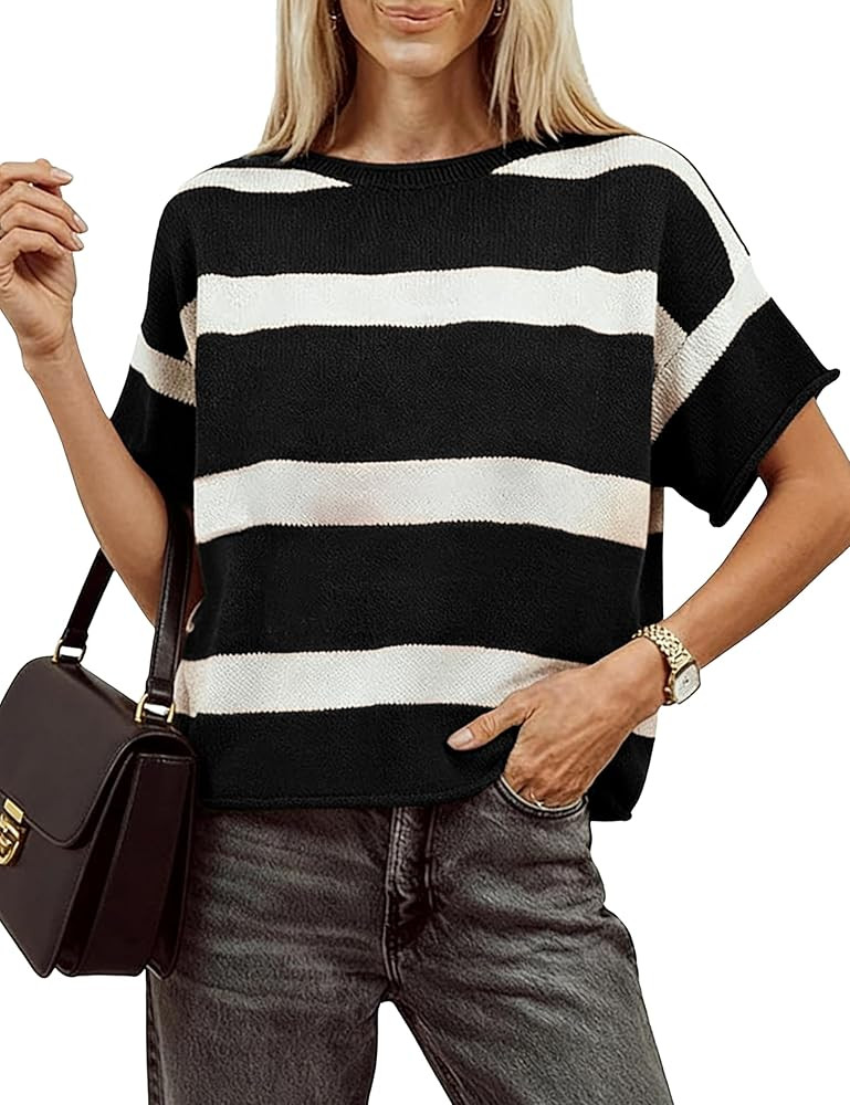 Women's Short Sleeve Knit Tops Crew Neck Striped Sweaters Dressy Casual for Summer Spring Fall | Amazon (US)