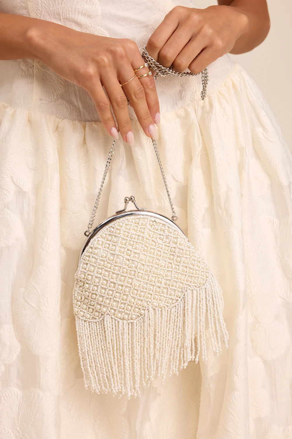Marceline White Beaded Pearl Fringe Clutch | Lulus