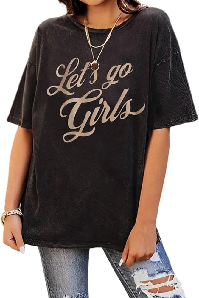 Women Cowgirls Bleached T Shirt Let's Go Girls Letter Printed Retro Tee Western Country Short Sle... | Amazon (US)