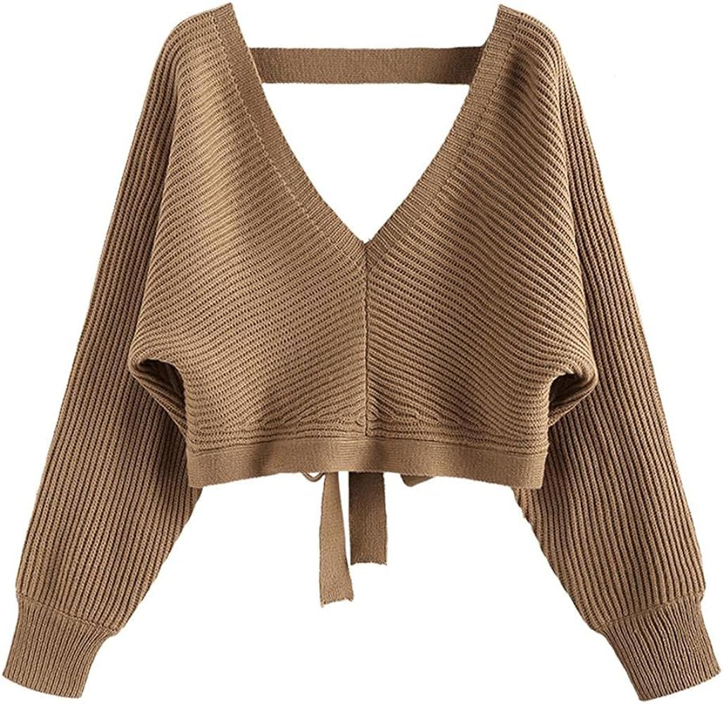 ZAFUL Women's V Neck Cropped Sweater Ribbed Knit Pullover Tops Sexy Drop Shoulder Jumpers | Amazon (US)