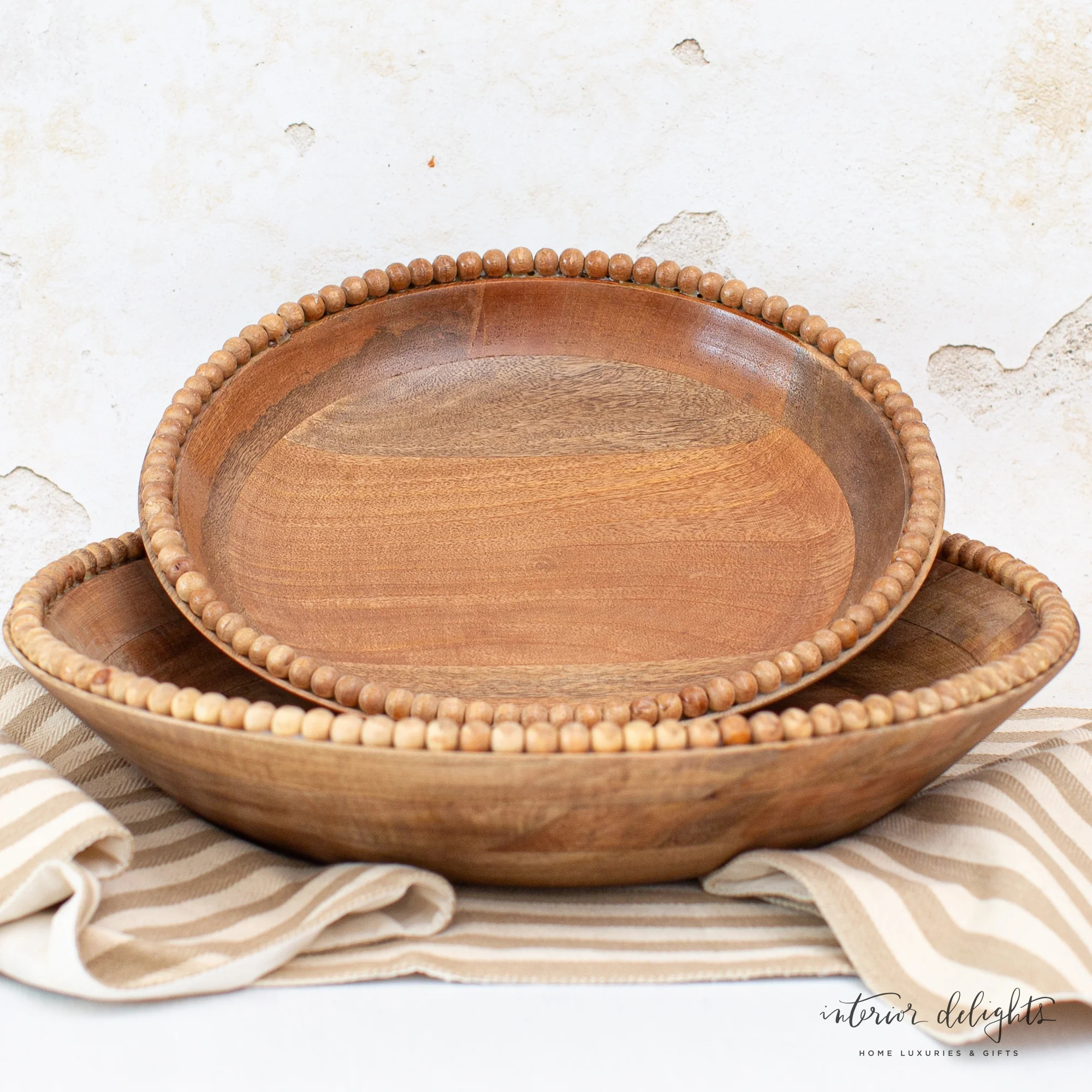 Set of 2 Wooden Bowls with Beaded Trim | Interior Delights