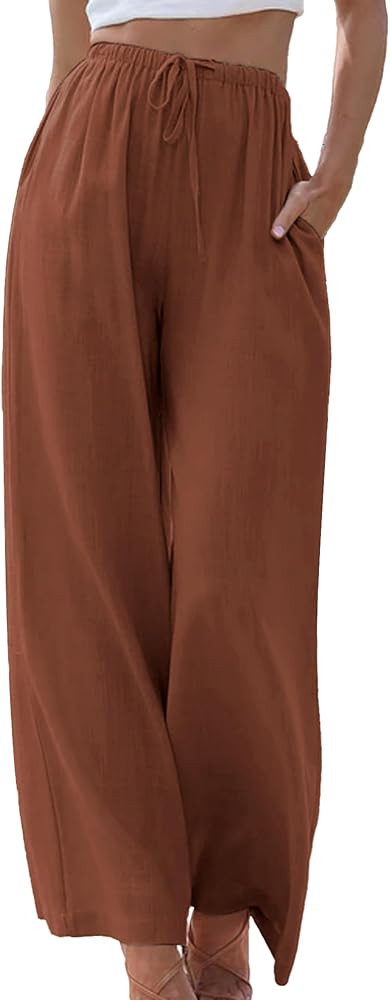Duyang Womens Cotton Linen Palazzo Pants Drawstring Elastic Waist Casual Wide Leg Trousers with P... | Amazon (US)