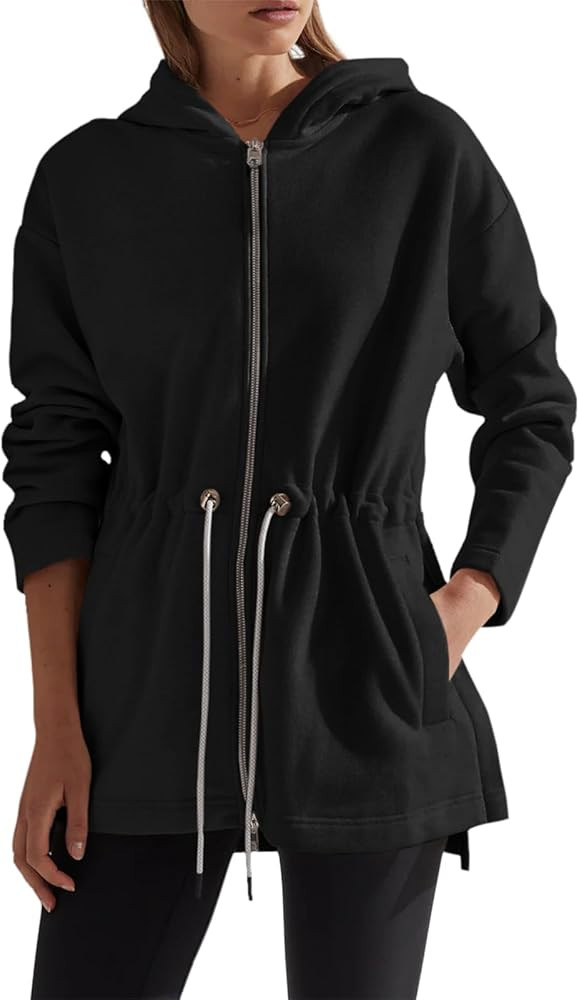 Fisoew Women's Zip Up Hoodie Sweatshirts Oversized Long Sleeve Casual Drawstring Waist Side Slit ... | Amazon (US)