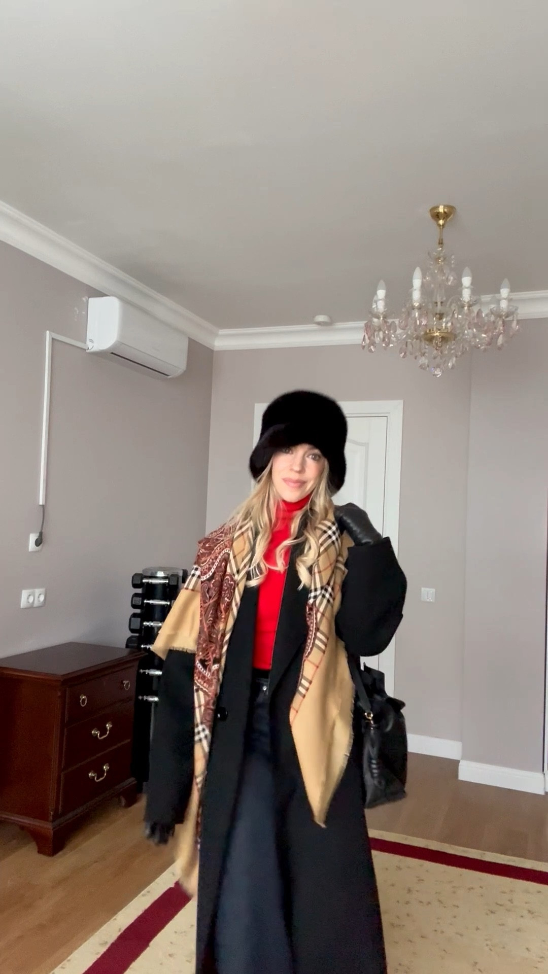 Holiday outfit with black fur bucket hat, vintage Burberry scarf, oversized black wool coat, bright red turtleneck, black leather gloves, cropped dark wash jeans, western bootss

#LTKgrwm #LTKOver40 #LTKHoliday
