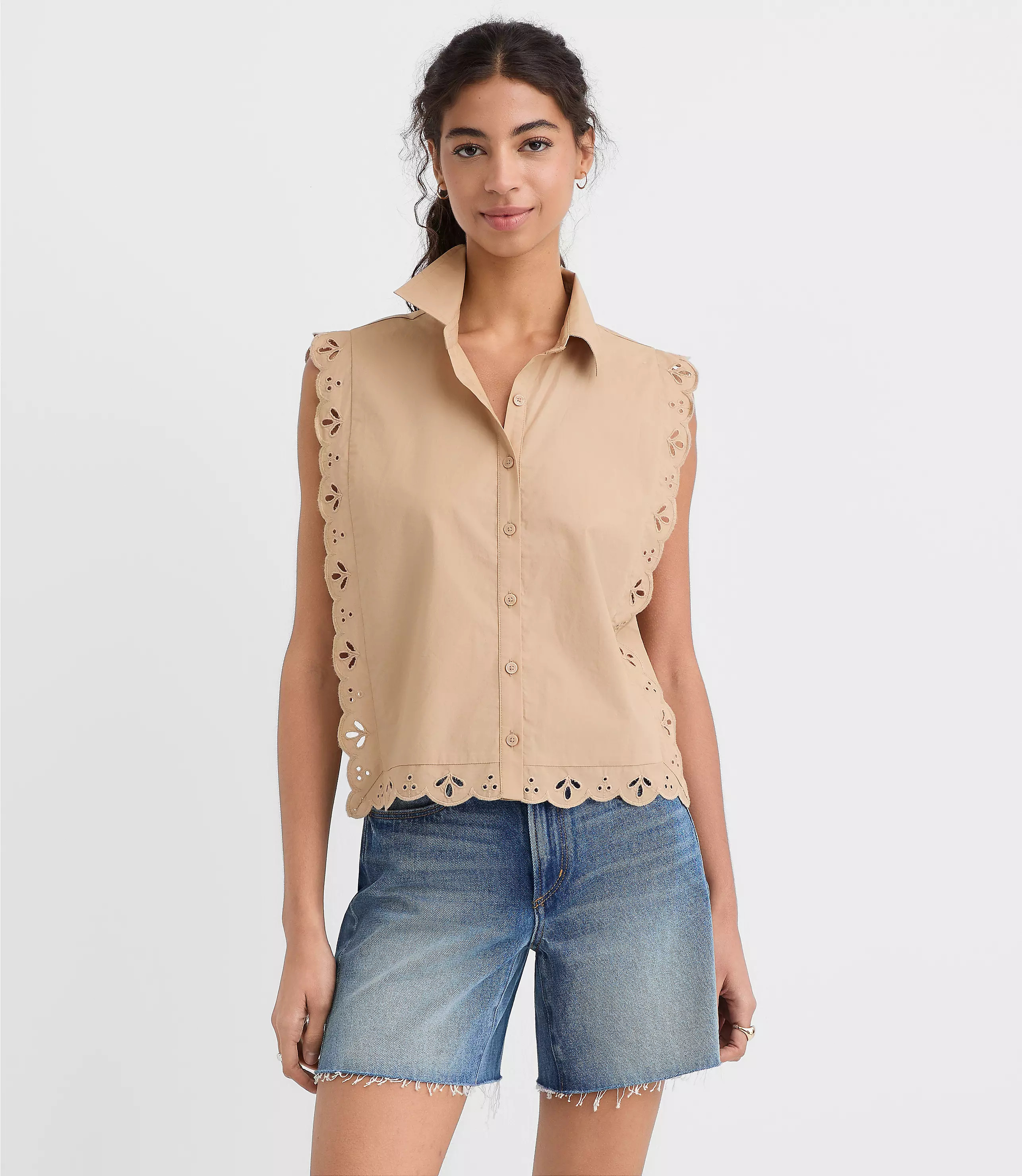Eyelet Poplin Sleeveless Shirt | LOFT