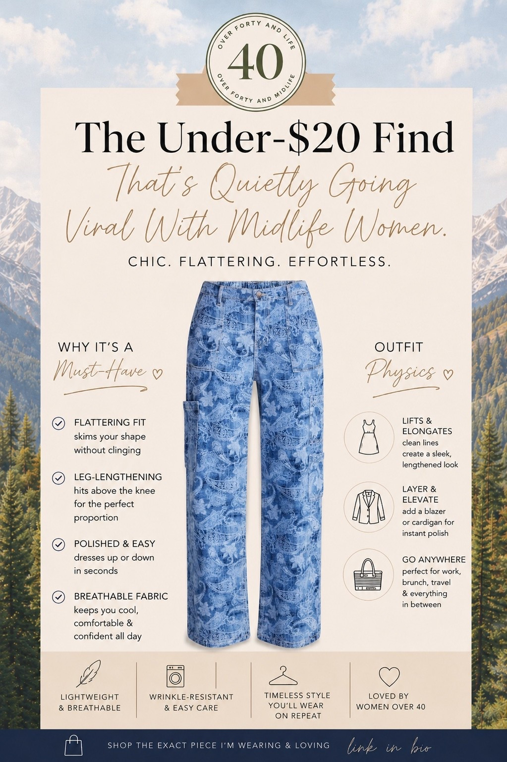 ✨Tap the bell, save and ❤️ for over 40 fashion, midlife style, midsize fashion and luxury looks for less. 

The under-$20 find that’s quietly going viral with midlife women… 🤍

Sometimes the best pieces aren’t the expensive ones.

These printed cargo pants look elevated, feel comfortable, and instantly make a simple white tee or tank look like a complete outfit. They’re lightweight, easy to wear, and the relaxed fit makes them flattering without feeling oversized.

✔️ Under $20
✔️ Comfortable enough for all-day wear
✔️ Statement print without being over-the-top
✔️ Easy to dress up or down with sneakers, sandals, or a denim jacket

If you’re building a wardrobe that works harder without spending more, this is one of those pieces worth grabbing before it disappears.

👑 Helping you look good, feel good.-Lindsey Denver   Check back daily for belly-friendly style, confidence, and Outfit Physics™.

#LTKOver40 #LTKMidsize #LTKPlusSize