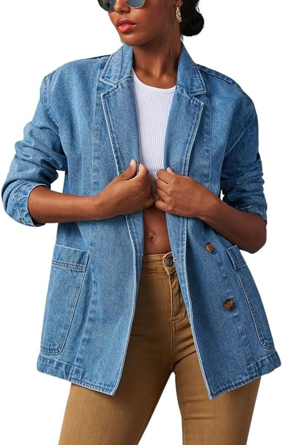 chouyatou Women's Fall Business Casual Denim Blazer Suit Loose Office Boyfriend Jean Jacket | Amazon (US)