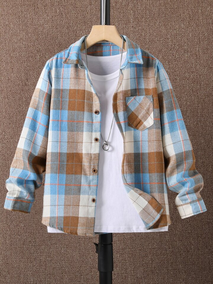 SHEIN Kids EVRYDAY Boys Plaid Patched Pocket Shirt Without Tee | SHEIN