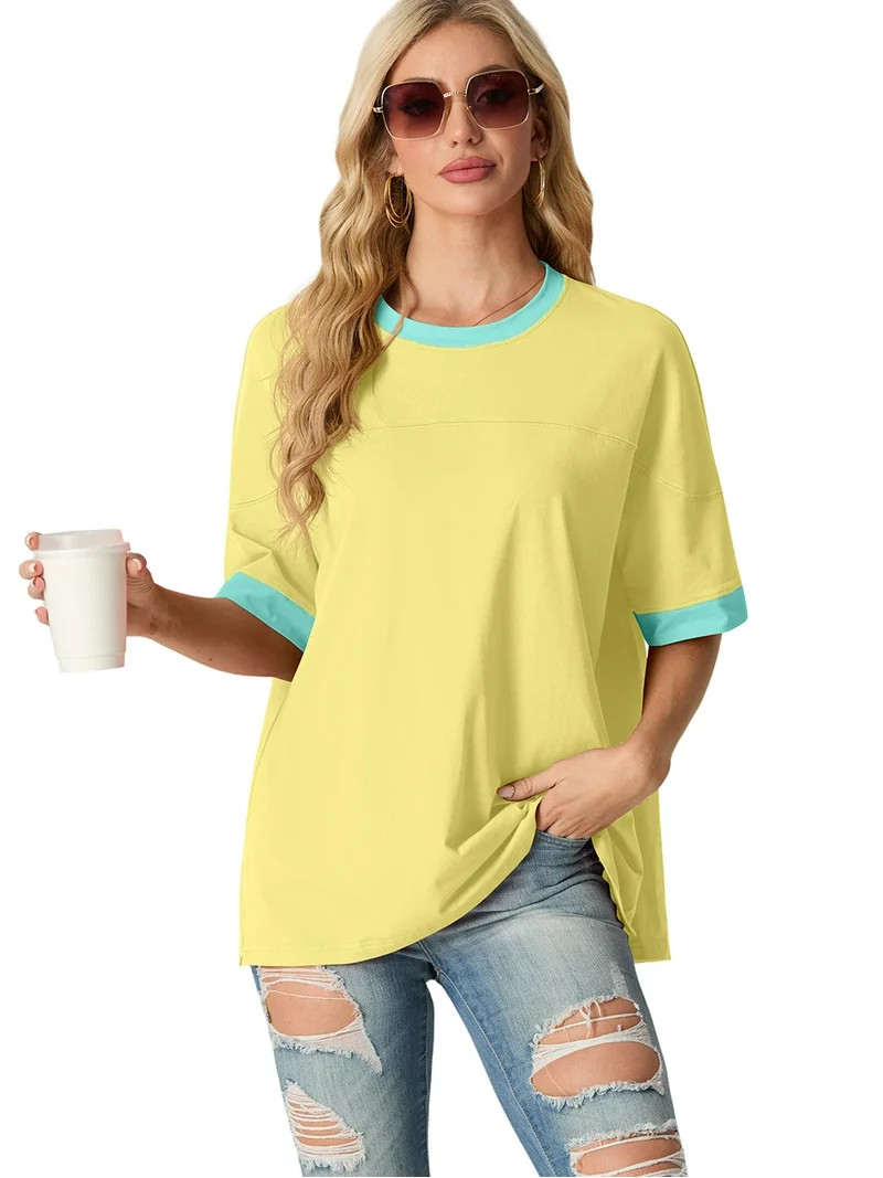 JWD Women's Top Short Sleeved T-Shirt Round Neck Casual Blouses Patchwork Split Hem Tee Top Light... | Walmart (US)