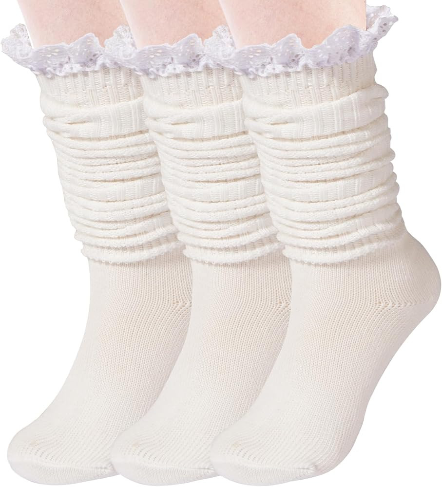 3 Pairs Slouch Socks for Women, Ruffle Frilly Turn Cuff Socks, Vintage Knit Scrunch Knee High Boo... | Amazon (US)