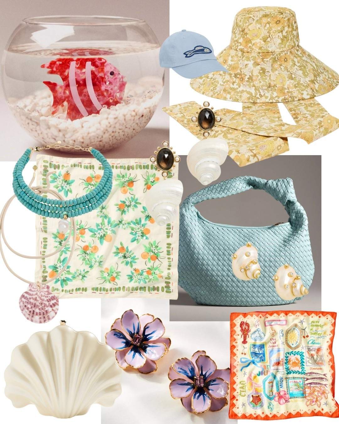 Fun, whimsical summer accessories! An amazing shell clutch, silk scarves, statement floral earrings and shell jewelry. Plus two cute hats for casual or dressed up. I have this Anthropologie bag in a darker blue and I use it all the time! It’s the perfect size.  

#LTKFindsUnder50 #LTKItBag
