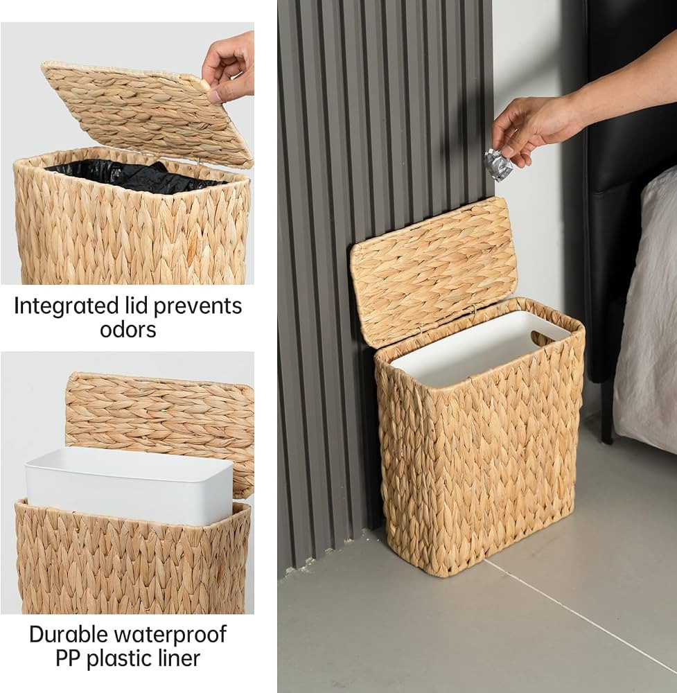 Coeusy 3 Gallon Wicker Trash Can,Small Bathroom Trash Can with Lid,Natural Water Hyacinth Wicker ... | Amazon (US)