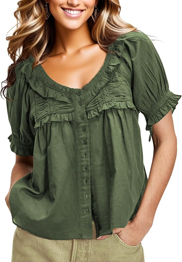 Womens 2025 Summer Trendy Ruffled Top Shapeless Billowy Tunic Swing Blouse with Puff Sleeve | Amazon (US)