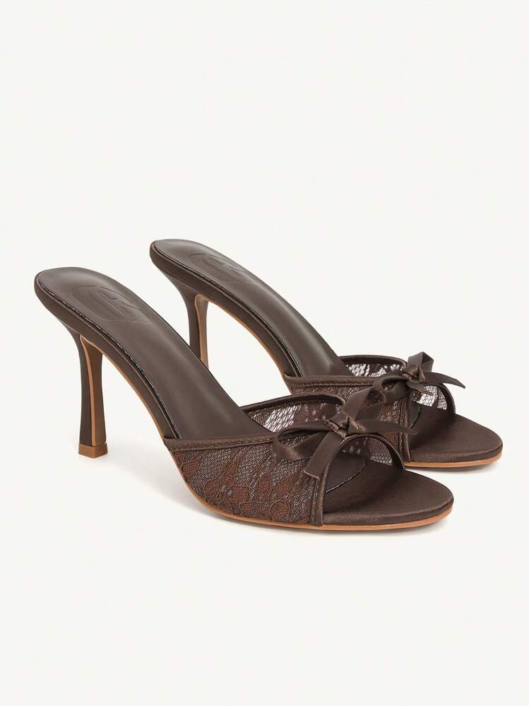 CUCCOO CHICEST Women's Coffee Brown Suede + Contrast Mesh Bow Decor Elegant Mule High Heel Round Toe Sandals For Christmas | SHEIN