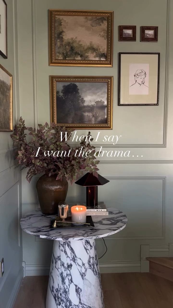 Follow + Comment TABLE for the link! This faux marble table is such a showstopper! It truly looks like real marble 😍. Follow along @ourmountainsidehome_1 💙. Console table, entry table, round console table styling, vintage inspired, moody home.  #wayfair #ad #wayfairelevate #wayfaircreator #consoletable