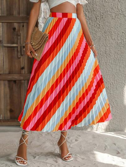 SHEIN VCAY Colorblock Striped Pleated Skirt | SHEIN