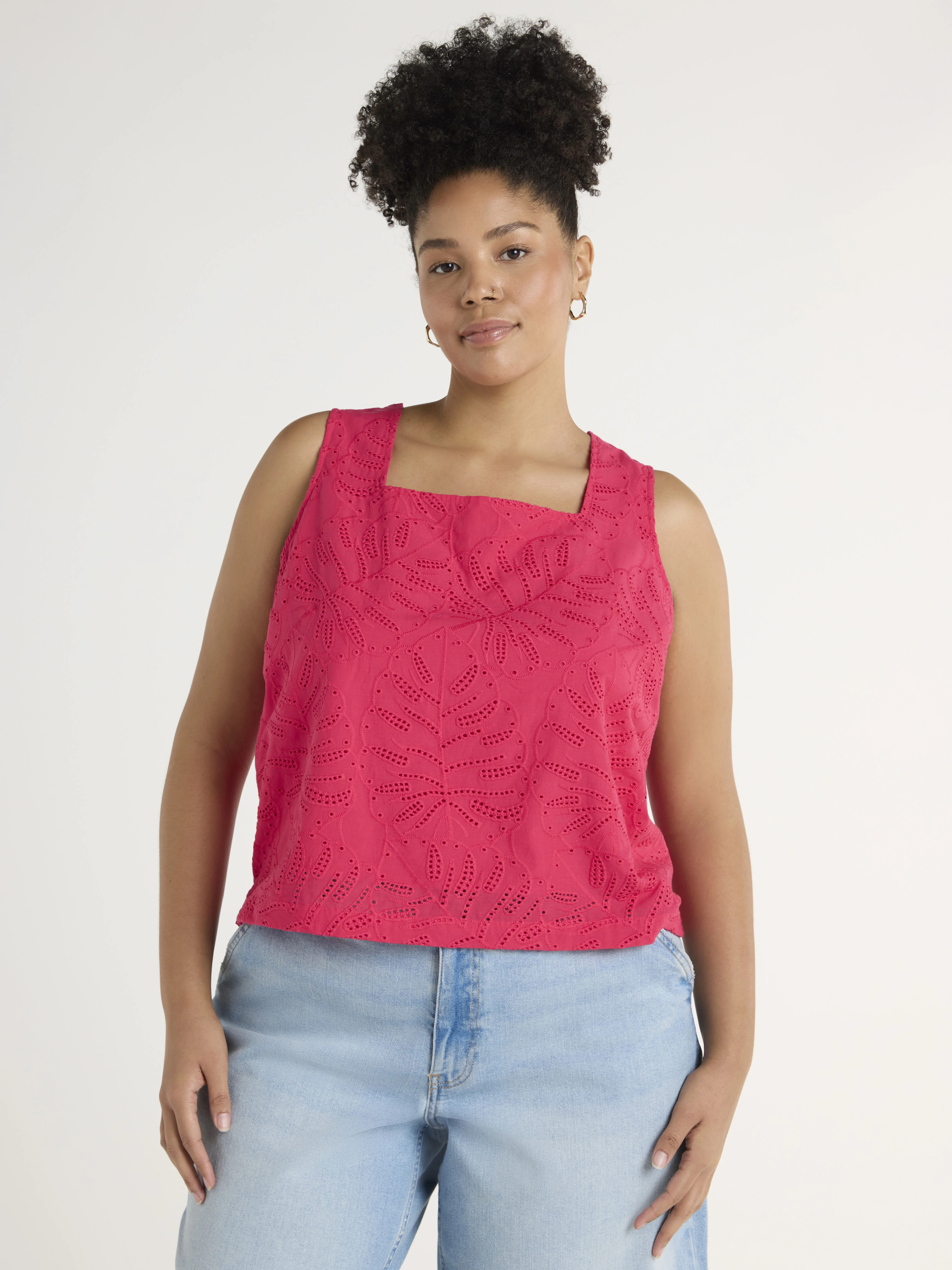 Time and Tru Women's and Women's Plus Eyelet Leaf Pattern Cotton Tank Top, XS-4X | Walmart (US)