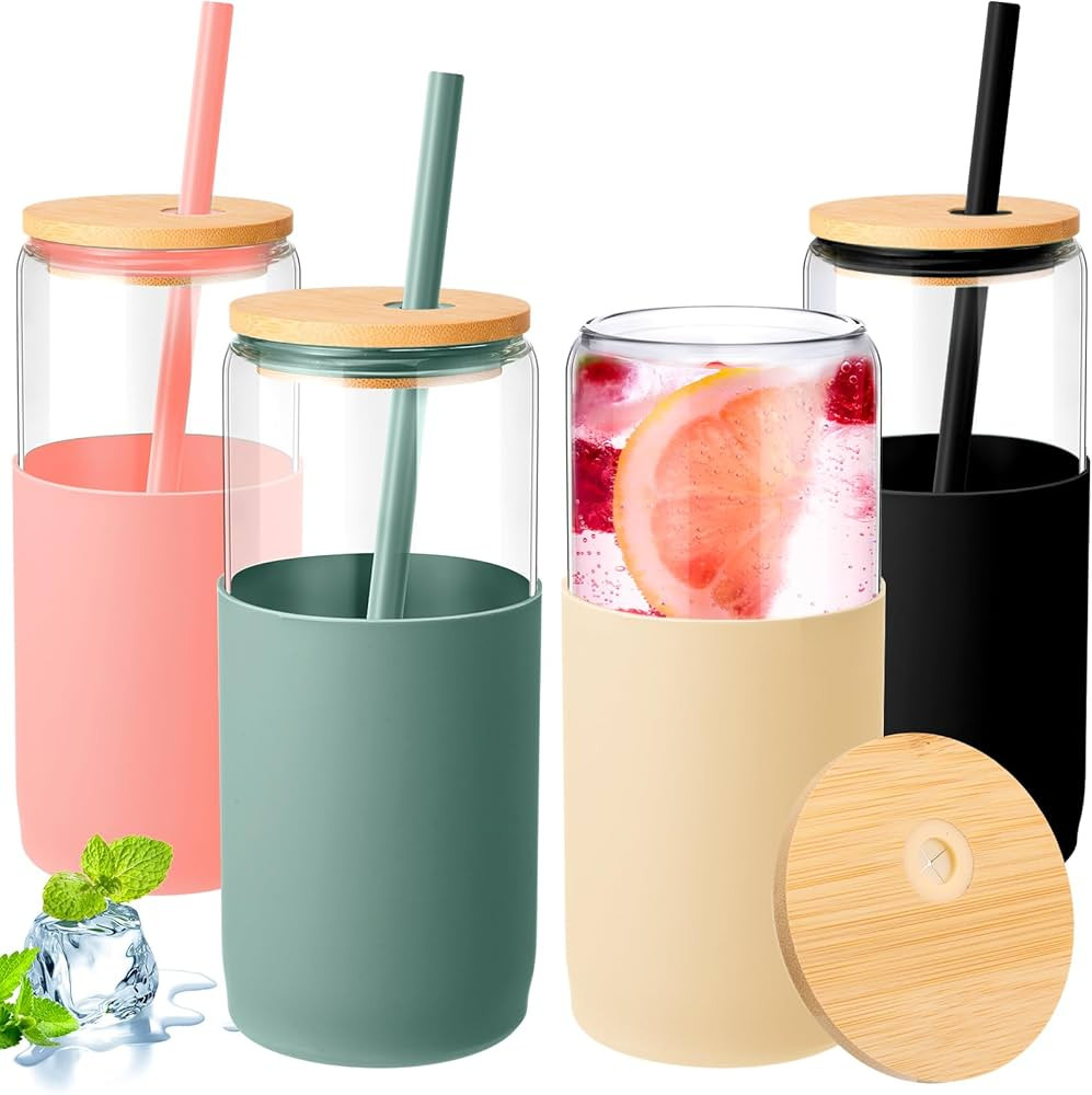 4 Pack Glass Tumbler with Silicone Protective Sleeve Iced Coffee Cups with Lids Straw Can Shaped ... | Amazon (US)