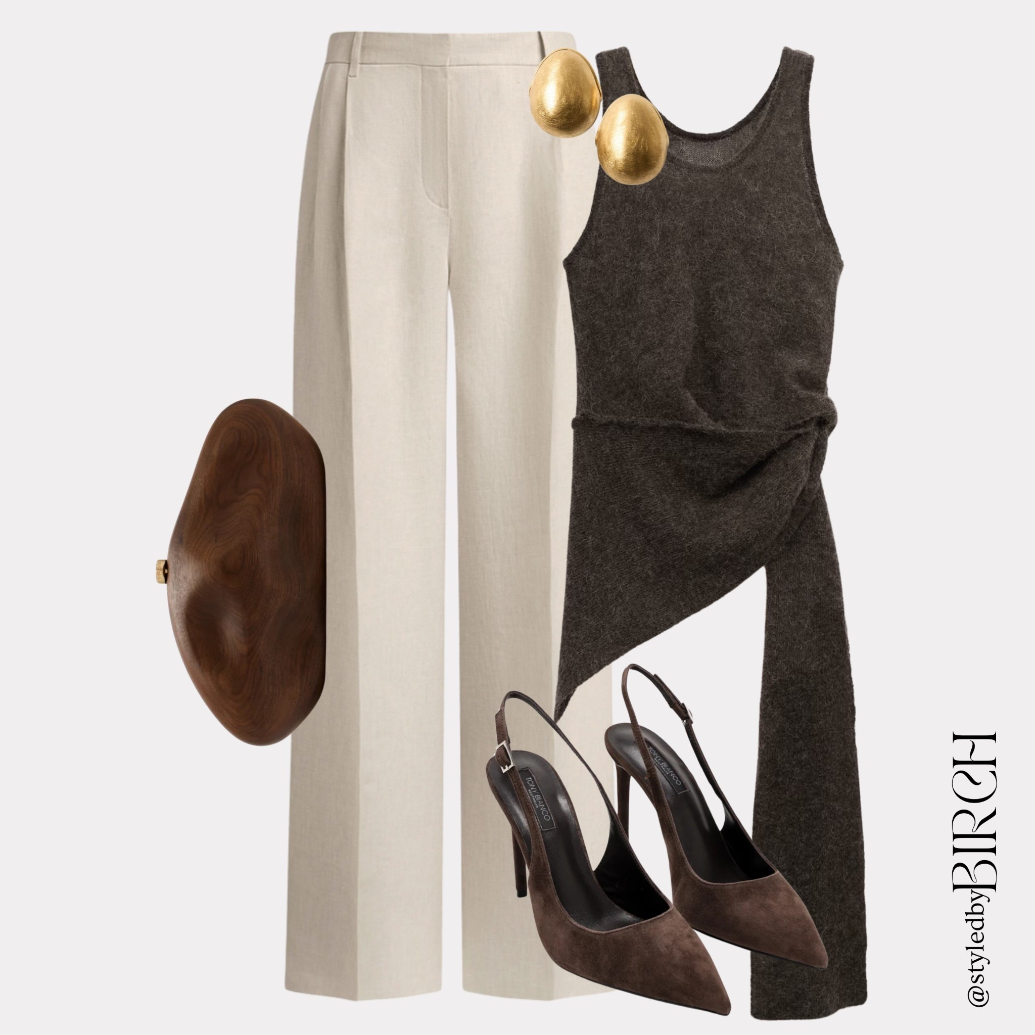 Soft tailoring but make it elevated 🤎 Perfect for work, dinner, or when you just want to look like you have your life very much together.

Tags 🏷️ 
Dark brown asymmetric knit top, cream wide-leg tailored trousers, chocolate slingback heels, sculpted gold statement earrings, wooden clutch.

#LTKspring #LTKSeasonal #LTKootd