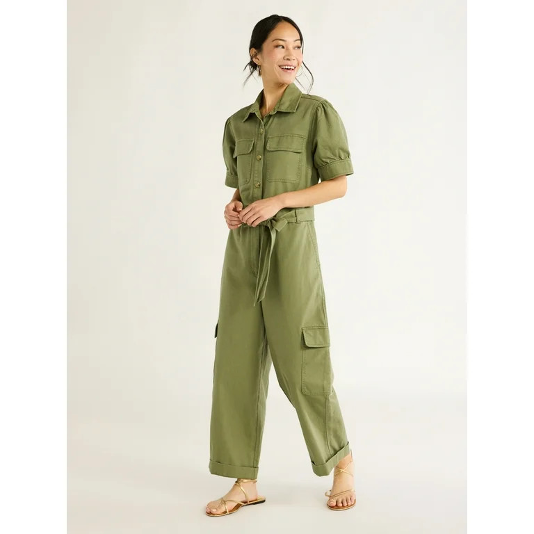 Free Assembly Women’s Cotton Cargo Jumpsuit with Puff Sleeves, 26” Inseam, Sizes XS-XXL | Walmart (US)