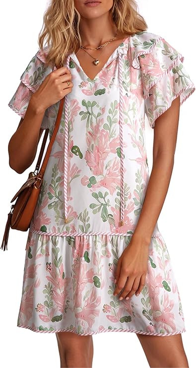 Womens Summer Dresses 2026 Boho Floral V Neck Drawstring Ruffle Short Sleeve Casual A-Line Swing ... | Amazon (US)
