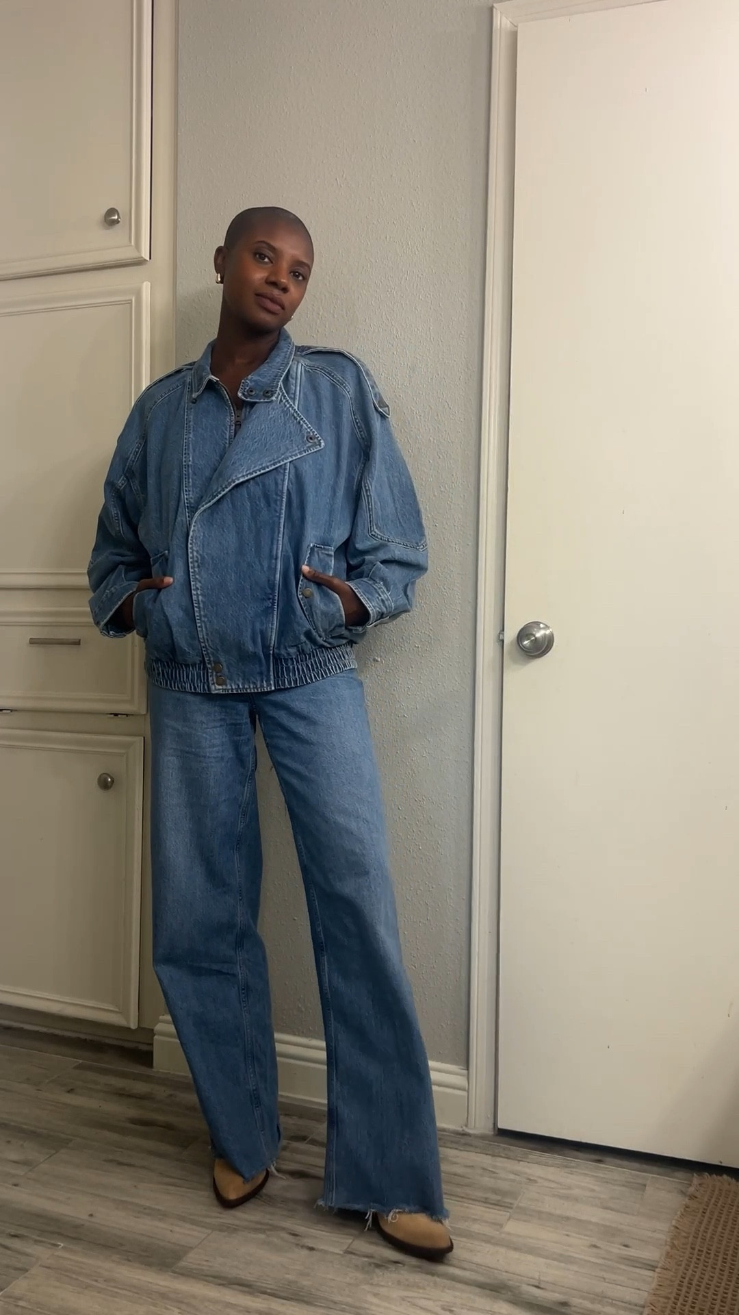 Everything I love from the A&F fall sale! Relaxed denim bomber jacket (medium), high waisted wide leg jeans (27 long), green draped dress the front split (small), burgundy faux leather micro shorts (27), navy track pants (medium) and light tan western boots  

#LTKFindsUnder100 #LTKFallSale #LTKFindsUnder50