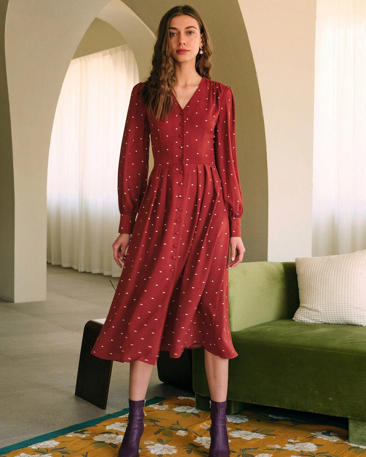 The Polka Dot Pleated Midi Dress - Pleated Long Sleeve Polka Dot V Neck Midi Dress - Brick Red - ... | rihoas.com