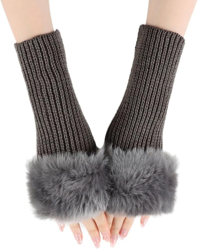 Winter Women Fingerless Gloves Knitted Arm Warmers Hand Mittens ThumbHole Faux Fur Wrist Short Cu... | Amazon (US)