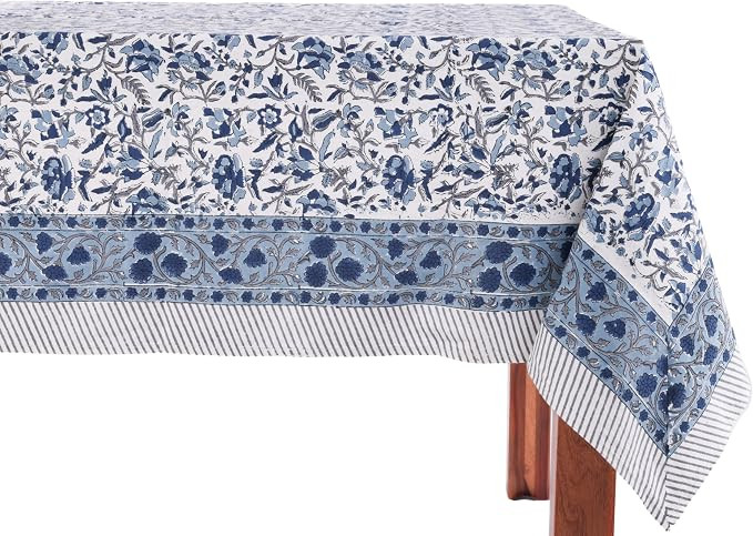 Jodhpur Blue 100% Cotton Rectangle Tablecloth, Handblock Floral Linen Table Cloth for Kitchen Din... | Amazon (US)