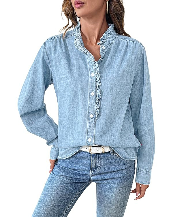 Sidefeel Womens Denim Shirt Button Down Long Sleeve Ruffled Edge Jean Blouses Tops | Amazon (US)