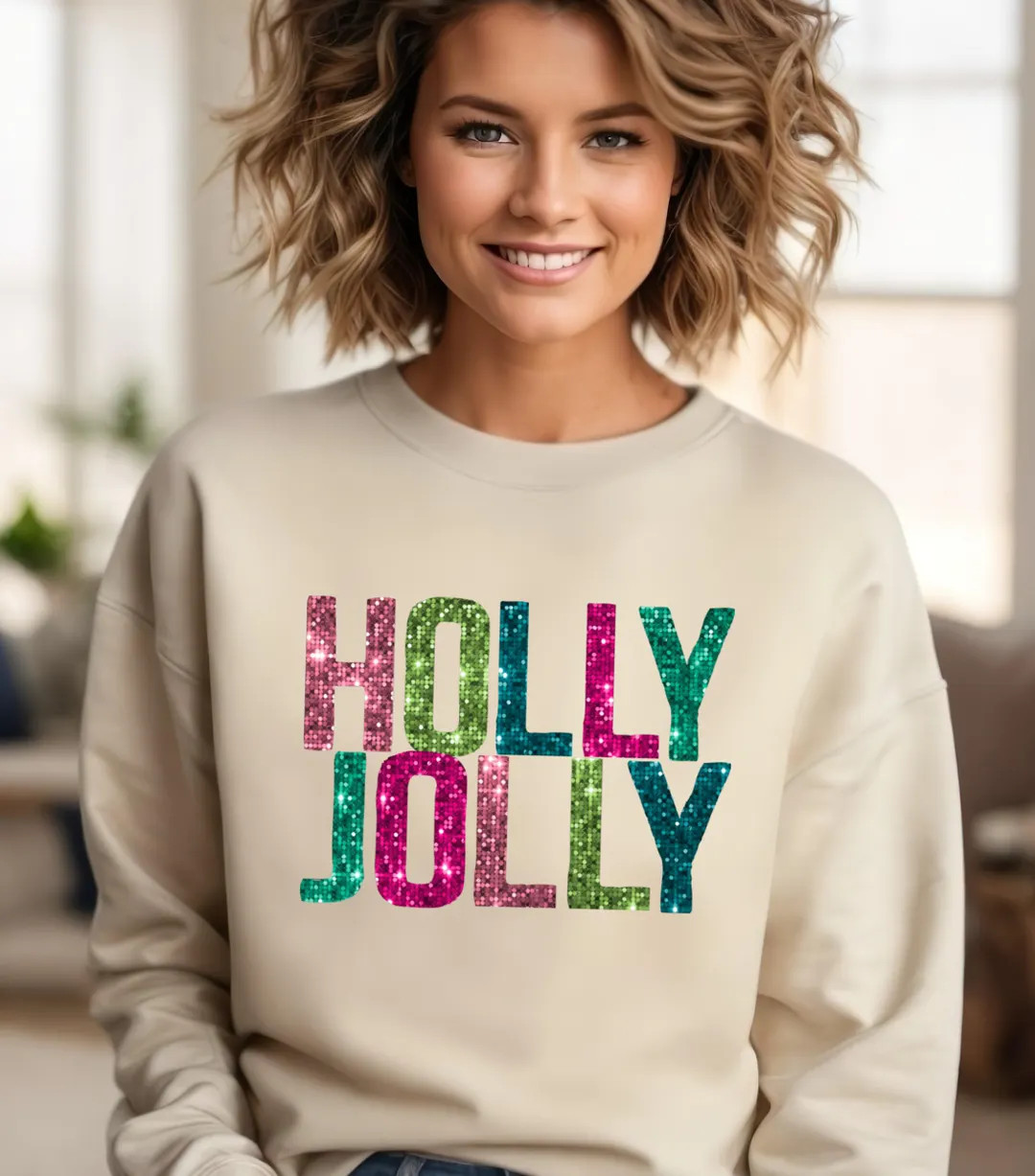 Holly Jolly Christmas Sweatshirt, Christmas Colorful Holly Jolly Woman Sweatshirt, Holiday Trendy... | Etsy (US)