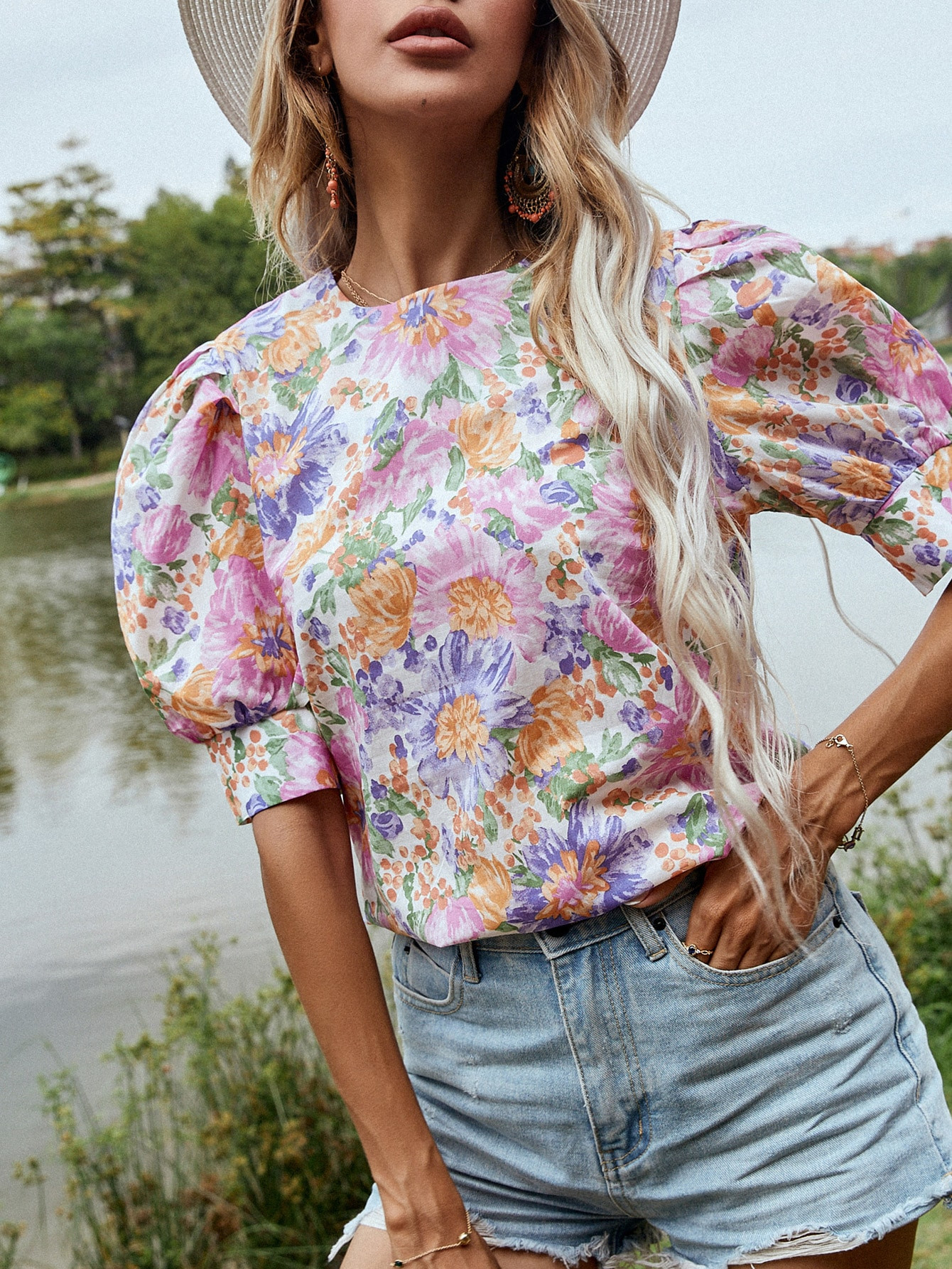 Floral Print Puff Sleeve Blouse | SHEIN