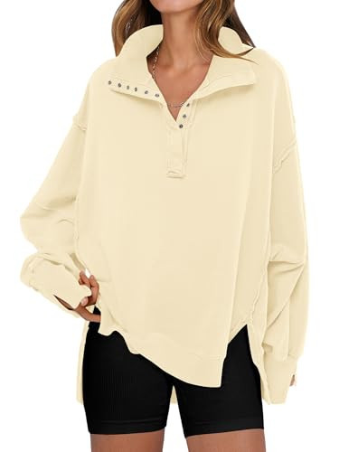 ANRABESS Women's Sweatshirts Oversized Casual Loose Button Up Henley Pullover Top High Low Split 2025 Fall Fashion Outfits Beige Medium | Amazon (US)