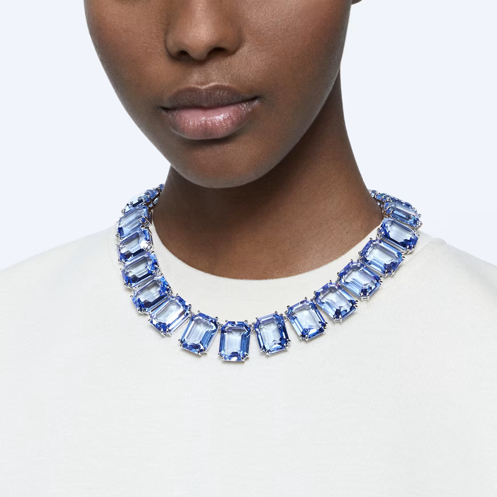 Millenia Tennis necklace, Oversized crystals, Octagon cut, Blue, Rhodium plated by SWAROVSKI | SWAROVSKI