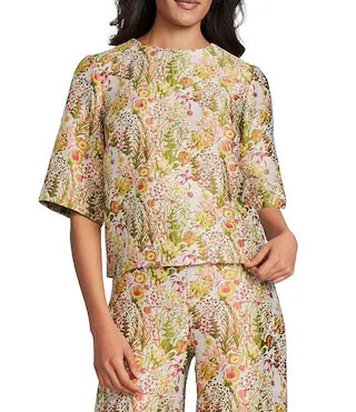 Preston & York Esra Coordinating Round Neck Elbow Length Sleeve Brocade Blouse | Dillard's | Dillard's