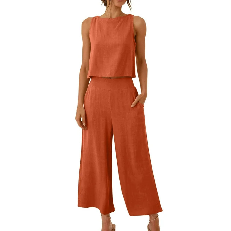 Lovzfmll Women's 2 Piece Sets, Sleeveless Blouse+Loose Pockets Wide Leg Tracksuits, Women's 2024 ... | Walmart (US)