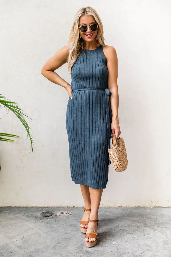 Expecting You Navy Halter Ribbed Midi Dress FINAL SALE | Pink Lily