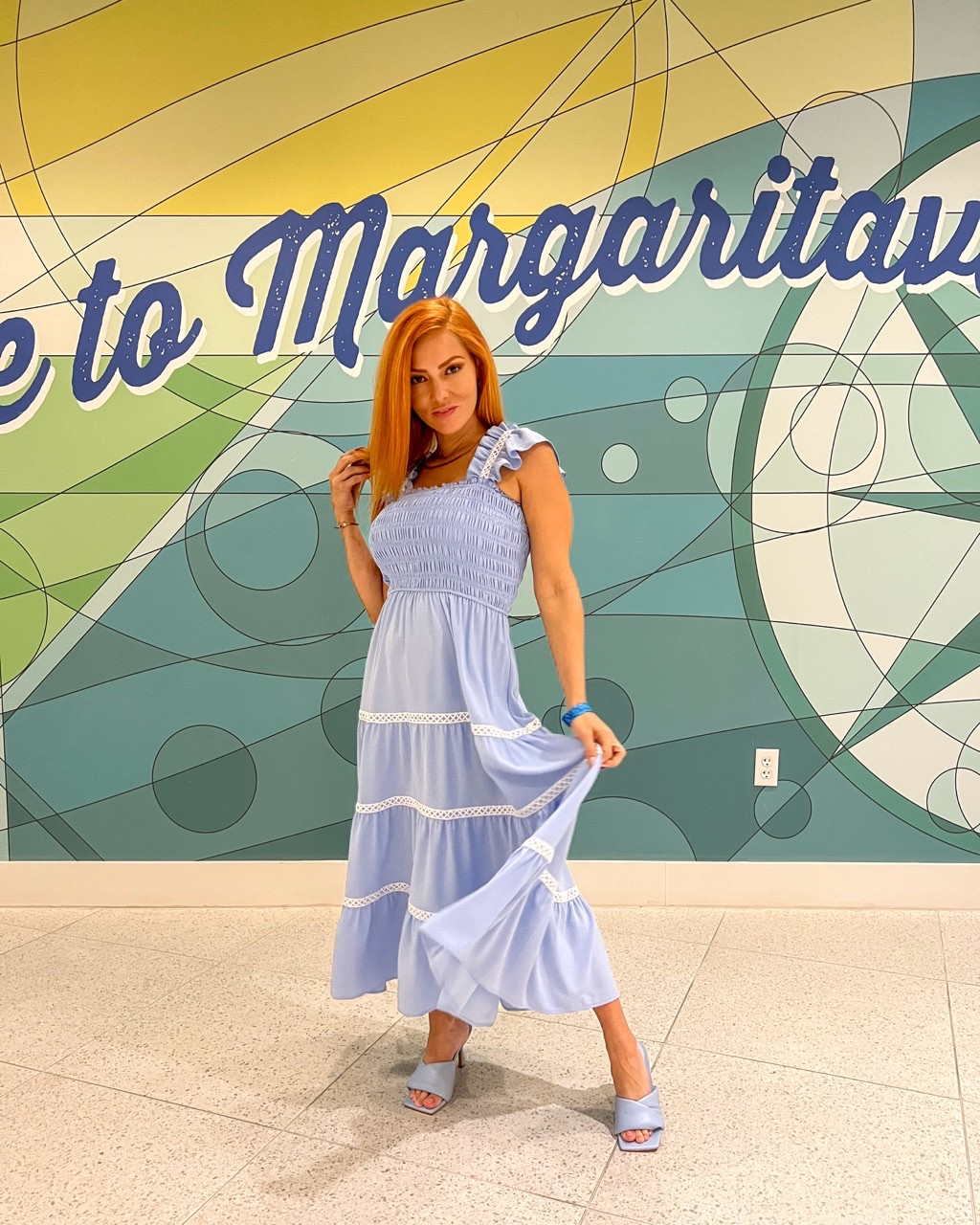 Ready for Dinner Date on the beach in this beautiful flowy blue sleeveless dress and kitty heels in the same color.