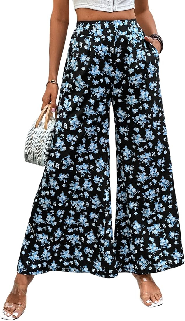 Floerns Women's Floral Print High Waist Beach Wide Leg Palazzo Pants | Amazon (US)