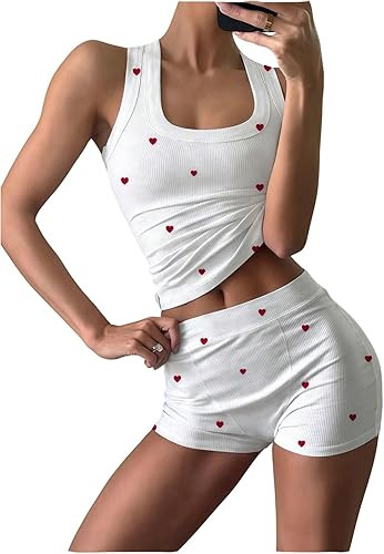 Women's 2 Piece Outfits Heart Graphic Fitted Tank Top and Mini Shorts Casual Lounge Clothing Sets | Amazon (US)