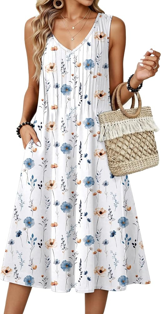 Zeagoo Women Summer Casual Dresses 2026 Sleeveless Midi Pleated Tank Sundress with Pockets V Neck... | Amazon (US)