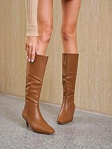 Coutgo Womens Knee High Boots Square Toe Kitten Heel Tall Boots Side Zipper Dressy Fall Shoes | Amazon (US)