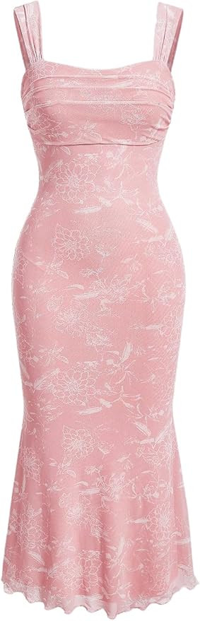 GORGLITTER Women's Floral Ruched Bodycon Summer Wedding Guest Dress Mesh Fishtail Cocktail Midi S... | Amazon (US)