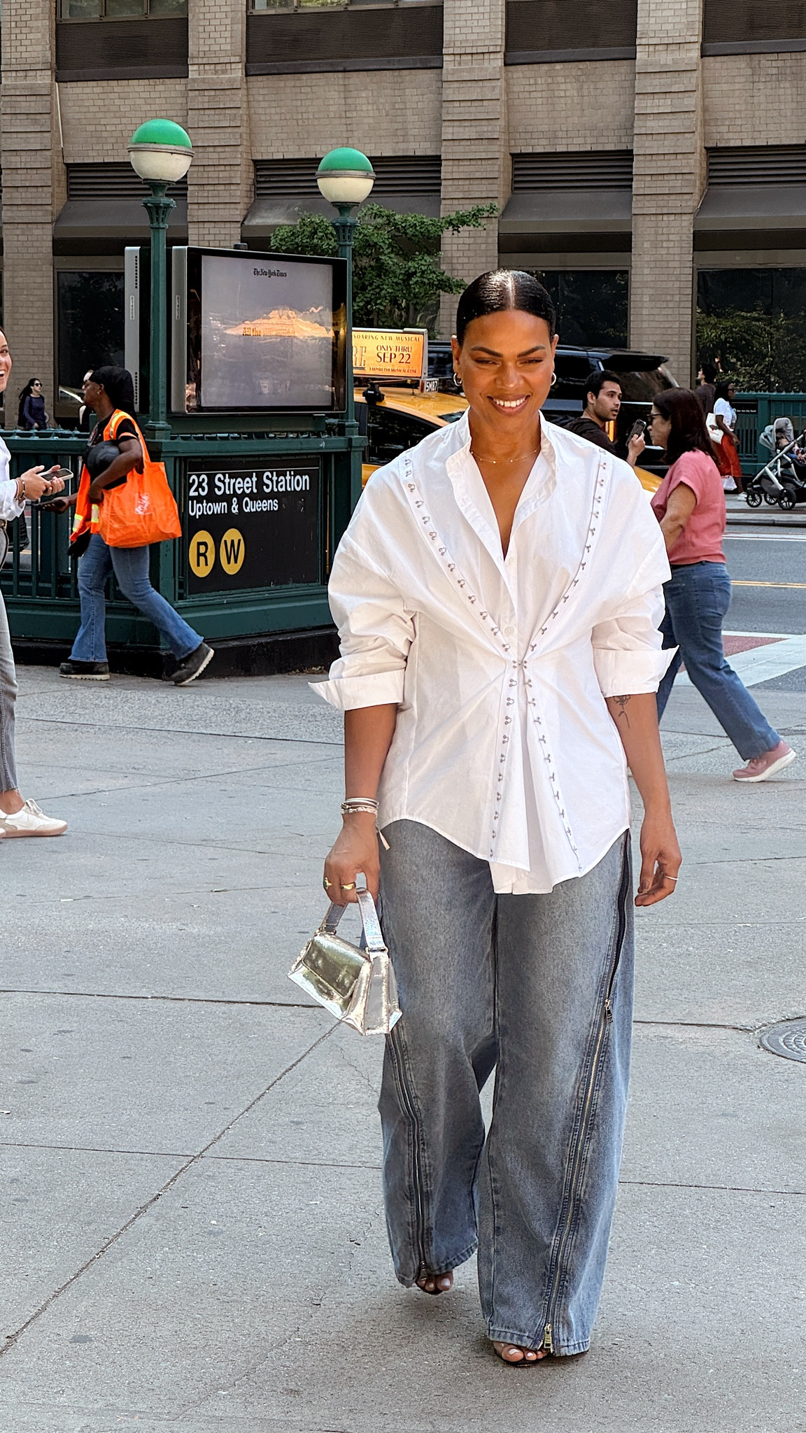 NYFW outfit details: Barrel jeans with zipper detailing, hook & eye oversized button down top, metallic handbag & clear heels!

#LTKNYFW #LTKOver40 #LTKStyleTip